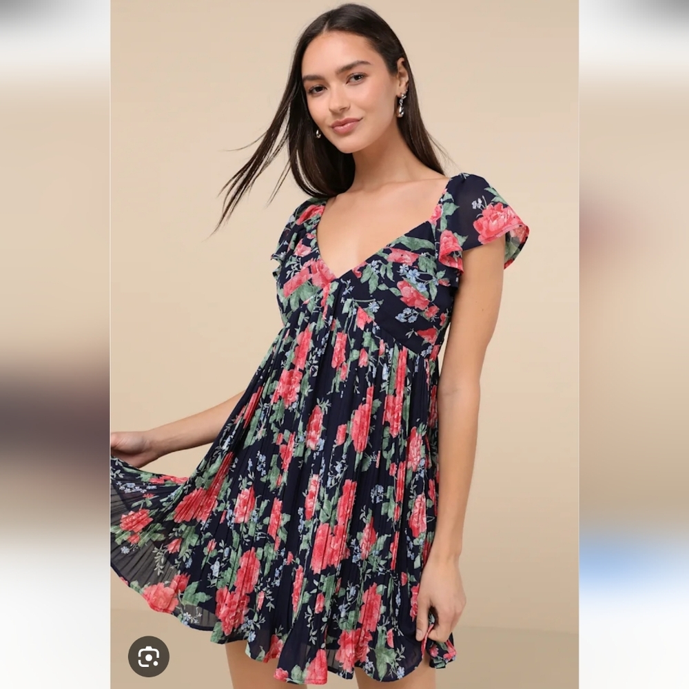 Lulu's Navy Floral Mini Dress with Pink & Green Print
